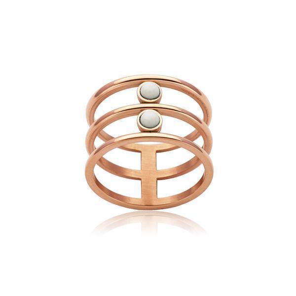 CJ Steelx IP Rose Disc Ring with White Quartz - Size 6