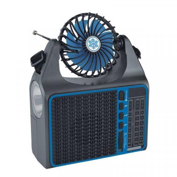 Multi-Functional Portable Bluetooth Speaker Integrated Solar Panel Cooling Fan AM/FM/SW Radio and Convenient Carry Strap KIFP-128-S for Universal Cell Phone And Bluetooth Device - Blue