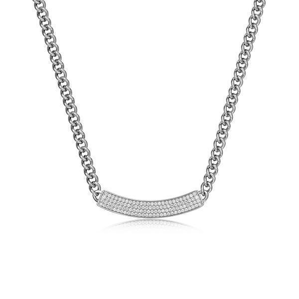NR0Q0CE-W Sterling Silver "Cuban Link" Curb Chain Link with Diamondlite Bar Necklace