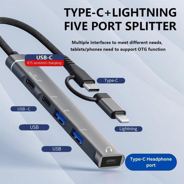 5-in-1 Multi-Function USB Hub Station with iPhone Lightning USB-C Adapter with Type-C Headphone Jack and More TC06 for Universal Cell Phone, Device and More - Black