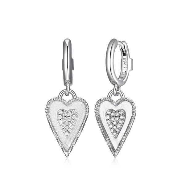 ER2LCS500-W Sterling Silver LONG LOVE Elongated Heart Pave Cubic Zirconia Hoop Drop Earrings