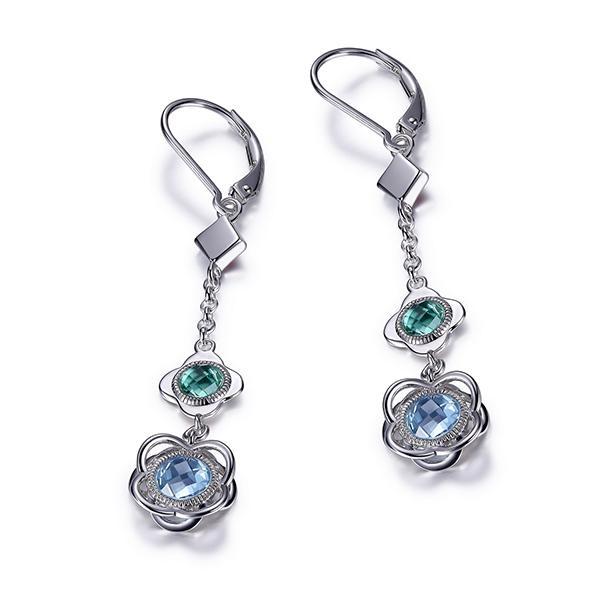 ER2LC3E12-W Sterling Silver Sky Blue Topaz and Simulated Green Quartz Dangle Leverback Earrings