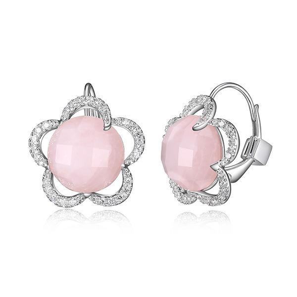 ER2LCDE32-W Sterling Silver ROSE Quartz and Cubic Zirconia Flower Leverback Earrings