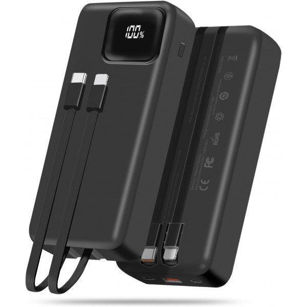 20000mAh Fast Charging Portable Power Bank Battery Charger with Built-in USB-C & Lightning Cable & LED Display for Universal Cell Phone And Devices - Black