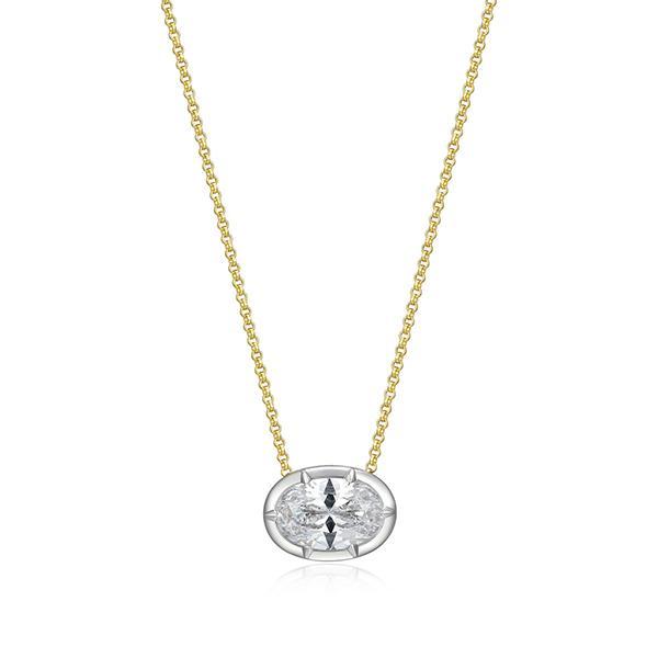 N30ADKJ97-2T-16 Sterling Silver Diamondlite Cubic Zirconia Bezel Set Eastwest Pear Solitaire Rolo Two Tone Necklace Size 16