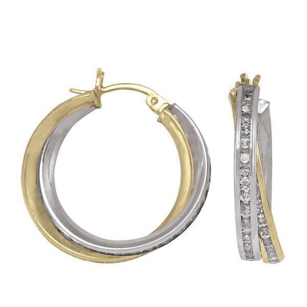 10K Gold and Silver Cubic Zirconia Round Hoop Earrings