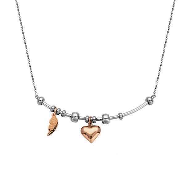 CJ Steelx Necklace with IP Rose Leaf and Heart Charm Rolo Chain - Rose and Silver