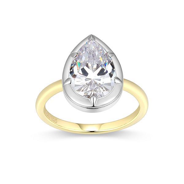 RR4ATSD97-2T-5 Sterling Silver  Cubic Zirconia Bezel Set Pear Shaped Solitaire Two Tone Ring Size 5