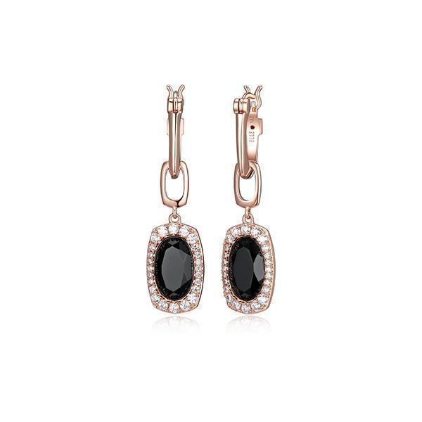 E32LCGM-R "Aureole" Sterling Silver Oval Black Agate and Cubic Zirconia Leverback Earrings