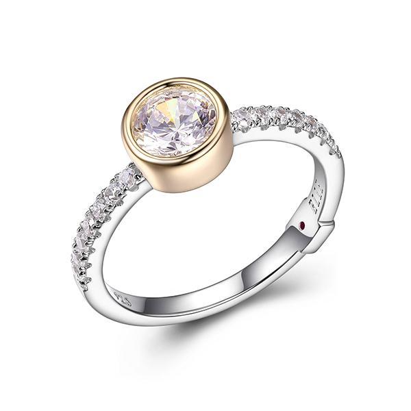 RR4LAB697-2T-7 Sterling Silver SPHERE Cubic Zirconia Bezel Set Gold Plated Two Tone Ring Size 7