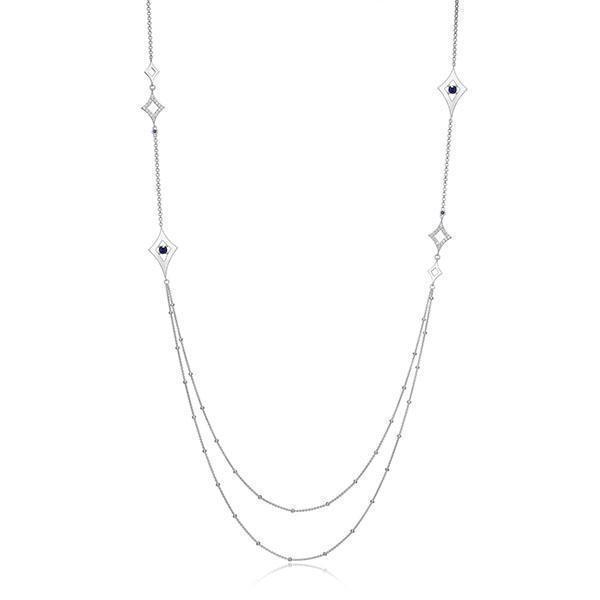 NR0LBQ3-W "Stellar" Double Layer Station Long Necklace with Sapphire
