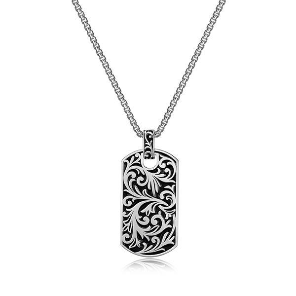 Sterling silver CJ Ethos CHISEL rhodium plated with black oil intaglio dog tag necklace