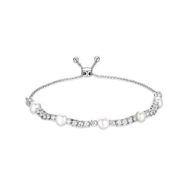 Diamondlite Cubic Zirconia Genuine Pearl Adjustable Bolo Bracelet - Silver