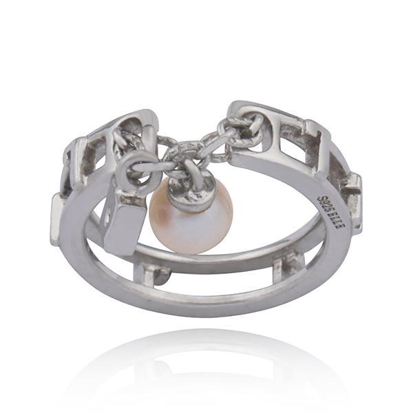 RR4L496978-W-6 Sterling Silver Genuine Pearl Logo Ring Size 6