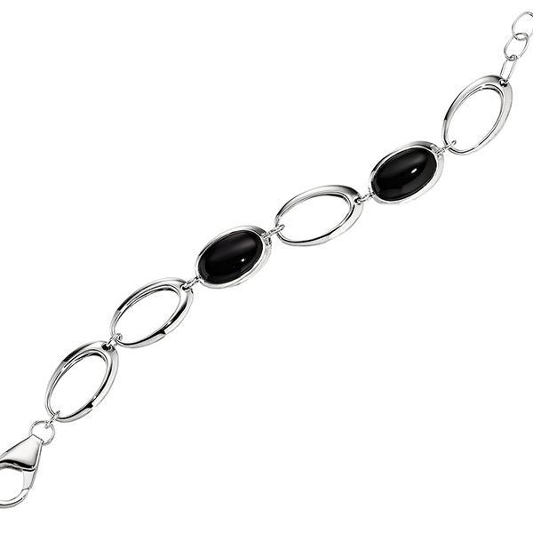 B61L52427-W-7.75 Sterling Silver Genuine Black Agate Link Bracelet Size 7.75