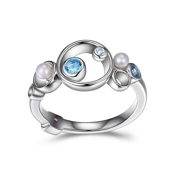 RR4LAAV12-W-7 Sterling Silver Genuine Blue Topaz and Pearl Circle Ring Size 7