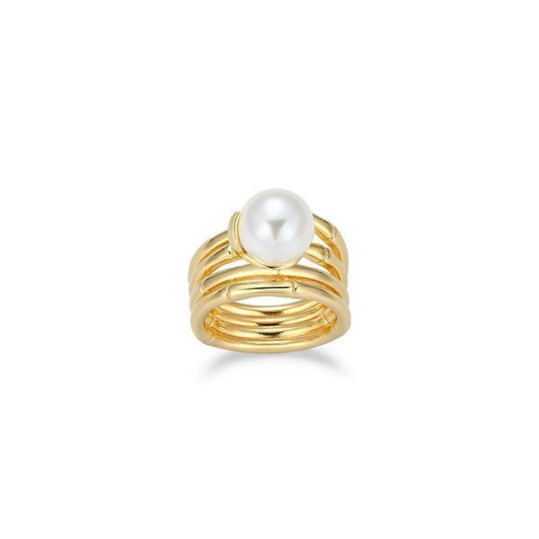 Lucky Bamboo 10mm Shell Pearl Ring - Gold - Size 8