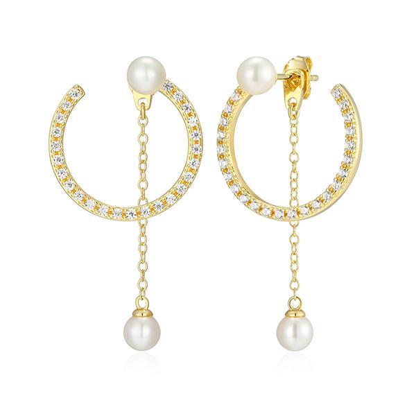 E32ATVA97-Y Sterling Silver White Pearl and Diamondlite Cubic Zirconia Front and Back Chain Drop Earrings