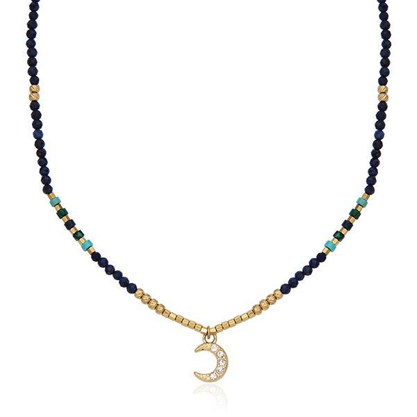 CJ STEELX Semi Precious Stone with Moon Charm Bead Necklace Size 16 - Gold