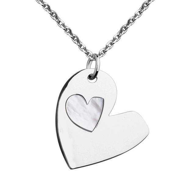 NR3LA37A9-W-16 Sterling Silver Genuine White Mother of Pearl Heart on Heart Necklace Size 16