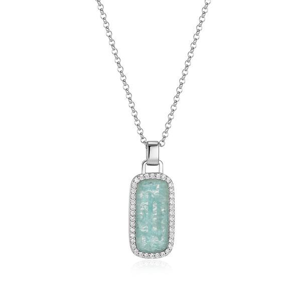 NR0LC01GU-W-17 Sterling Silver ALLURE Amazonite and 3A Cubic Zirconia Halo Pendant Necklace Size 17