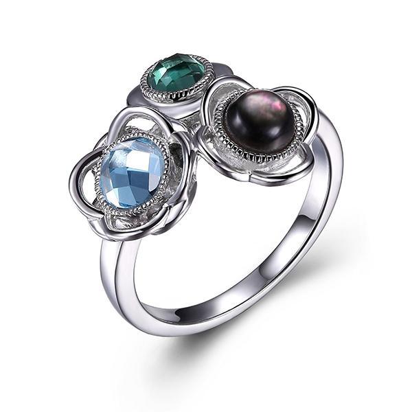 RR4LA4L95-W-6 Sterling Silver Blue Topaz Grey Mother of Pearl and Simulated Green Quartz Bouquet Ring Size 6
