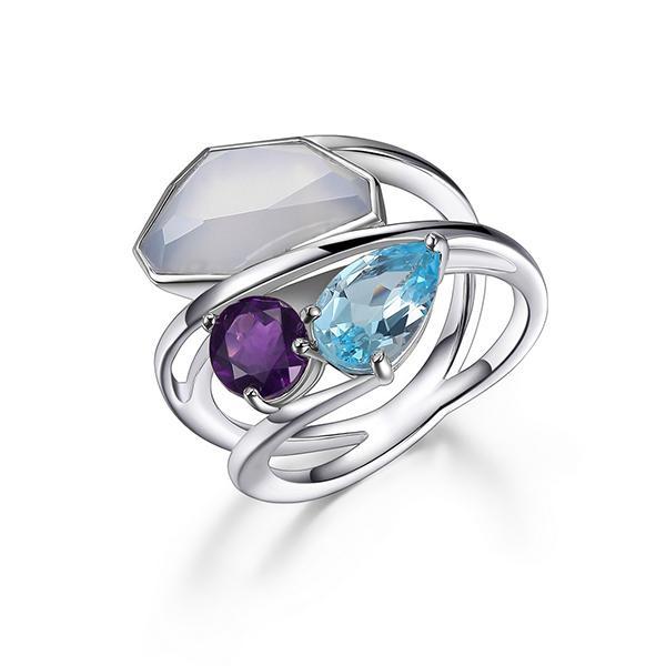 RR4LA72A4-2T-9 Sterling Silver Genuine Blue Chalcedony African Amethyst and Blue Quartzite Ring Size 7