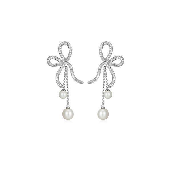 Diamondlite Cubic Zirconia & 8mm Shell Pearl Bow Earrings - Silver