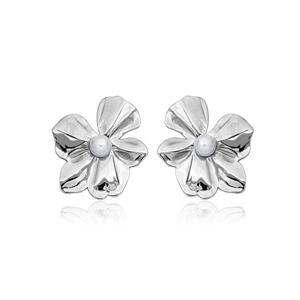 CJ STEELX High Polish Shell Pearl On Flower Stud Earrngs - Silver