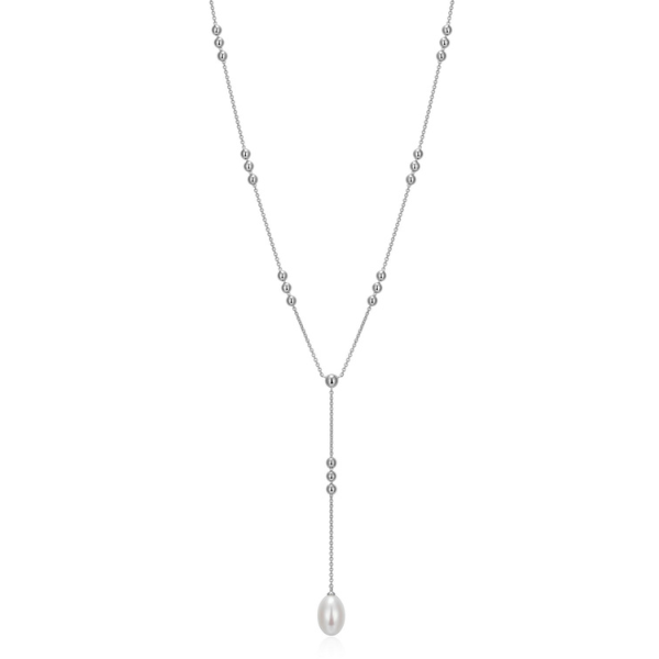NR0LC054-W Genesis White Pearl Beaded Chain Y Station Necklace