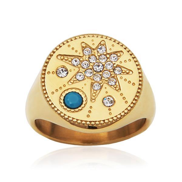 CJ STEELX Turquoise and Crystal Star Medallion Ring Size 6 - Gold