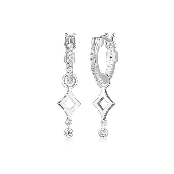 ER2LCJP-W "Stellar" Sterling Silver Rhodium Plated Plain Rhombus Drop with Cubic Zirconia Hoop Earrings