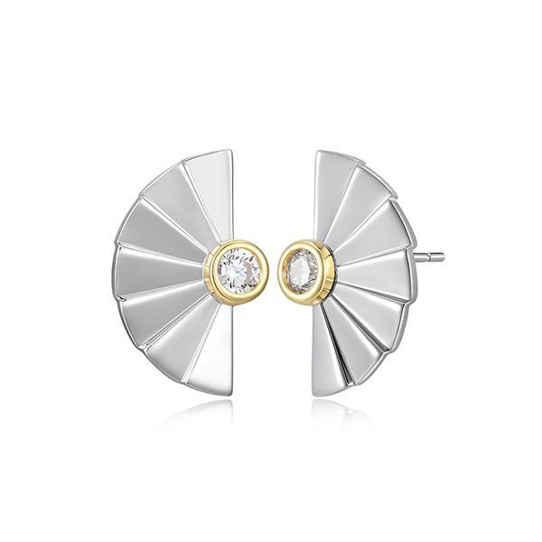 ER2LCST00-W Sterling Silver PLEAT Bezel Set Cubic Zirconia Fan Shape Stud Two Tone Earrings