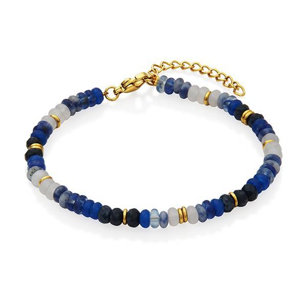 CJ STEELX Genuine Blue Tourmaline and White Jade Beads Bracelet Size 7 - Gold