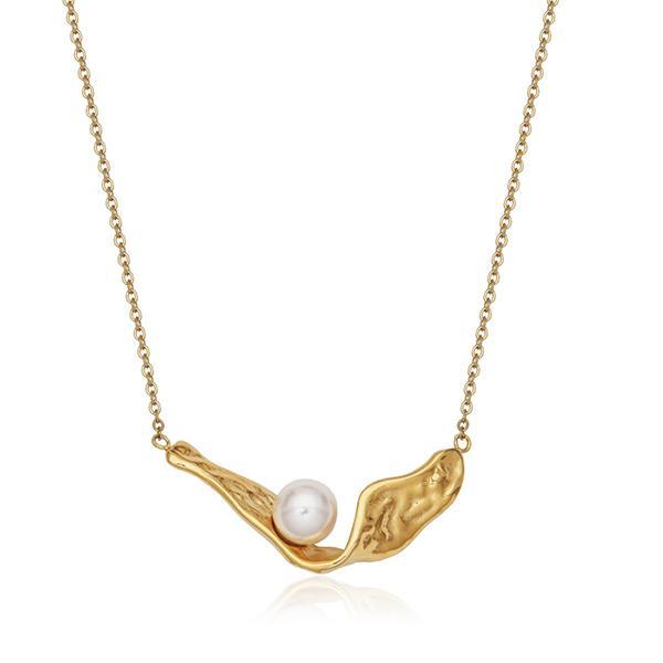 CJ STEELX Hammered Sculptural 8mm Shell Pearl Necklace Size 16 - Gold