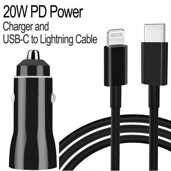 2in1 Car 20W PD Fast Power Delivery Charger with 3FT USB-C to IP Lighting Cable for iPhone, iDevice - Car - Black