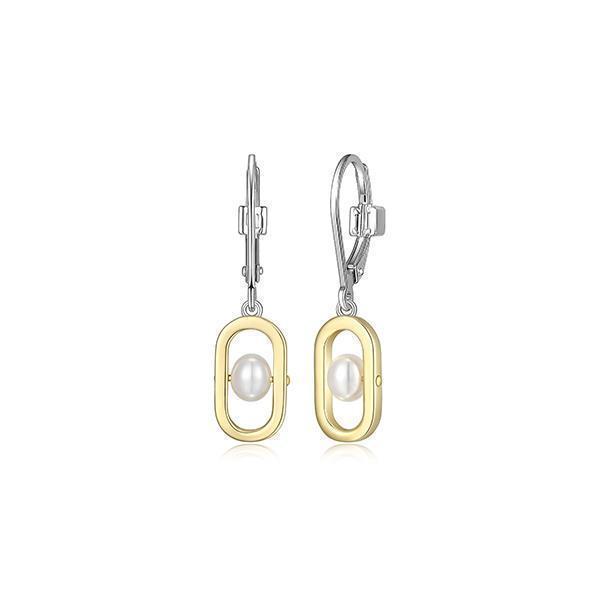 ER2LCQ7-2T "Parallel" Sterling Silver Dangle Oblong with White Pearl Lever Back Earrings