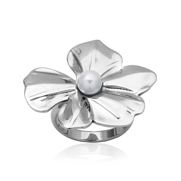 CJ STEELX High Polish 6mm Shell Pearl On Flower Ring Size 7 - Silver