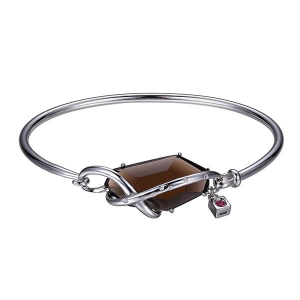 BR1LADGCB-W-6.75 Sterling Silver Genuine Smoky Quartz and Cubic Zirconia Bangle Size 6.75