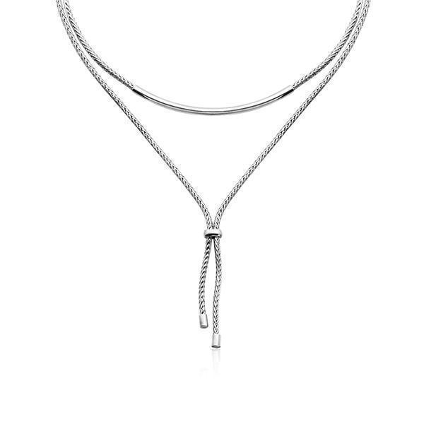 CJ Steelx Bar and Foxchain Double Layered Necklace - Silver