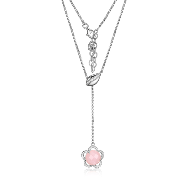 NR0LBFW3-W Rose Quartz and CZ Lariat Flower Necklace