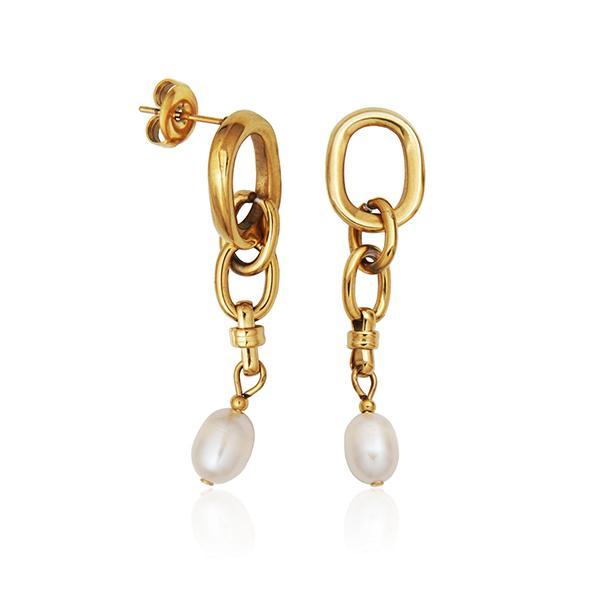 STEEELX Fresh Water Pearl Drop Link Earrings - Gold