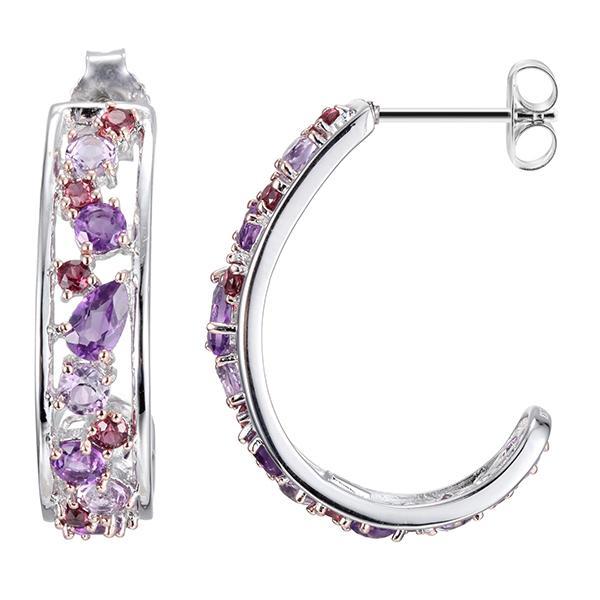 ER2LBWJ13-W Sterling Silver African and Brazil Amethyst Cluster Half Hoop Earrings