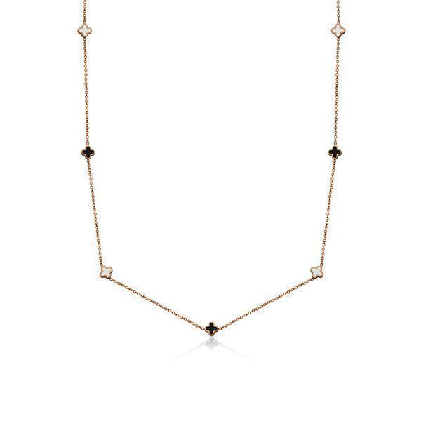 CJ Steelx IP Rose Clover Station Stainless Steel Necklace with Black and White Enamel