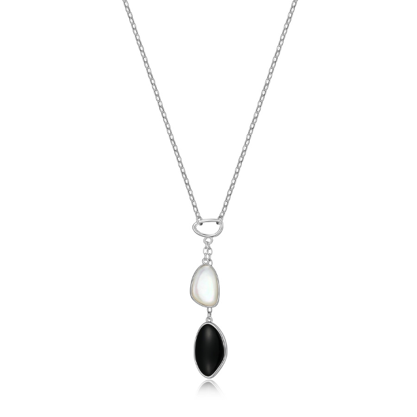 NR0LBVB2-W Pebble Black Agate and Mother of Pearl Pendant Necklace