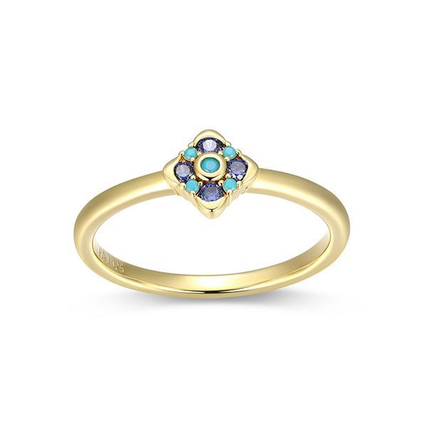 R34ASW7CP-Y-7 Sterling Silver Tanzanite Cubic Zirconia and Turquoise Mini Flower Ring Size 7