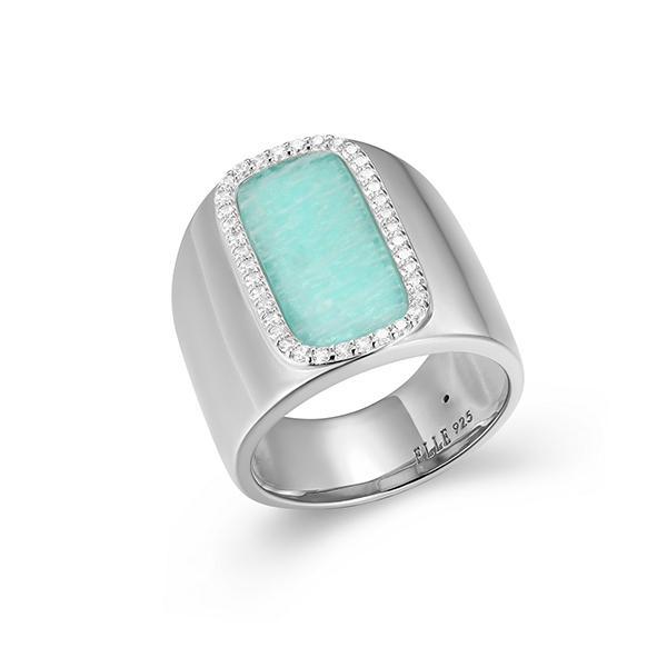 RR4LAK3GU-W-8 Sterling Silver ALLURE Cubic Zirconia and Amazonite Halo Wide Ring Size 8