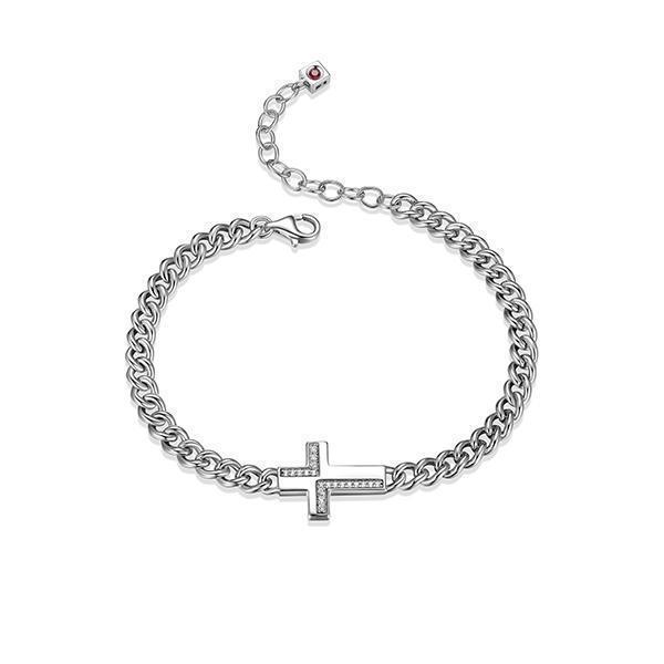 BR1LAME-W "Motif" Cross with Cubic Zirconia Medium Curb Chain Bracelet