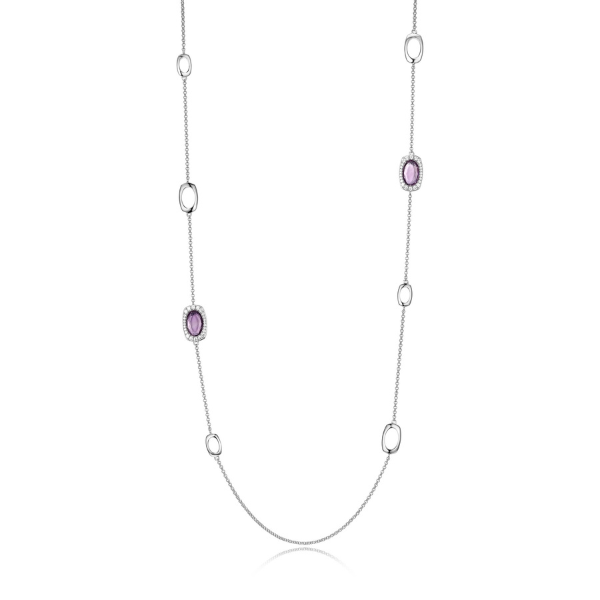 NR0LBLM2-W Aureole Oval Amethyst and Cubic Zirconia Station Necklace