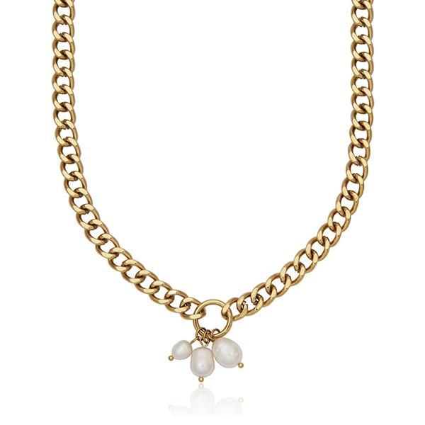 CJ STEELX Fresh Water Pearl Charm 8mm Curb Chain Necklace - Gold